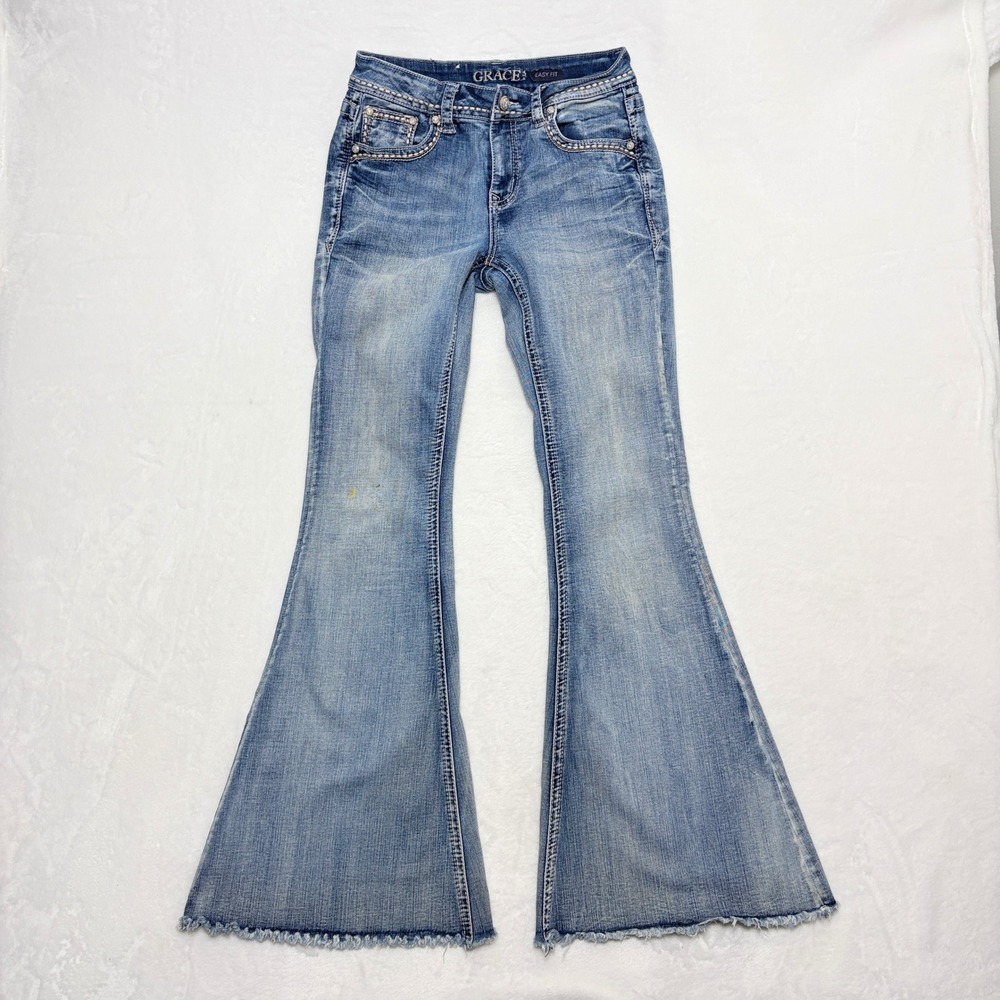 Y2K Grace in LA Rhinestone Flare Jeans 27 Rodeo Cowgirl Western Bling Longhorn